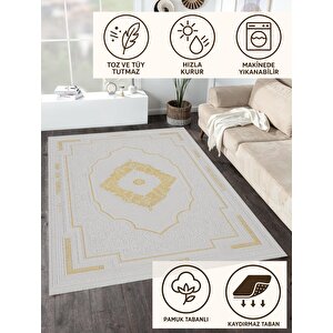Pamuk Dokuma Taban Halı – Beyaz; Altın – Oriental Desen, Makinede Yıkanabilir, Kolay Temizlenebilir, Toz Ve Tüy Tutmaz, Kaymaz, Evcil Hayvan Dostu