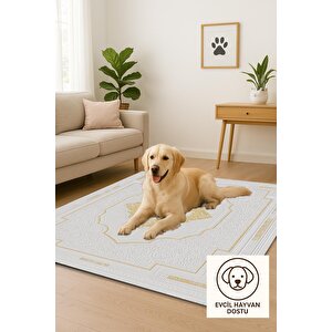 Pamuk Dokuma Taban Halı – Beyaz; Altın – Oriental Desen, Makinede Yıkanabilir, Kolay Temizlenebilir, Toz Ve Tüy Tutmaz, Kaymaz, Evcil Hayvan Dostu