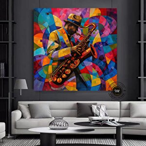 Afrika Caz Sanatı; Afrikalı Kanvas; Caz Duvar Sanatı; Caz Yağlı Boya Kanvası; Siyahi Müzisyen Kanvas 60x60 cm