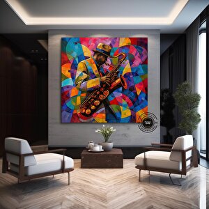 Afrika Caz Sanatı; Afrikalı Kanvas; Caz Duvar Sanatı; Caz Yağlı Boya Kanvası; Siyahi Müzisyen Kanvas 60x60 cm