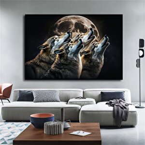Kurt Temalı Soyut Kanvas, Ay’a Uluyan 4 Kurt – Büyük Boy Trend Kanvas 40x60 cm