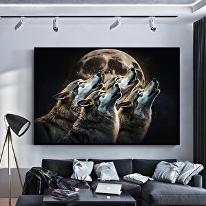 Kurt Temalı Soyut Kanvas, Ay’a Uluyan 4 Kurt – Büyük Boy Trend Kanvas