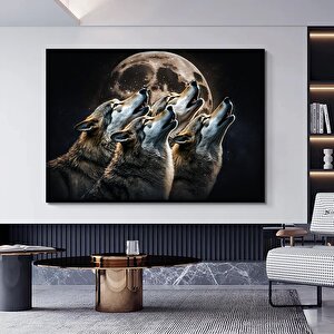 Kurt Temalı Soyut Kanvas, Ay’a Uluyan 4 Kurt – Büyük Boy Trend Kanvas 150x250 cm