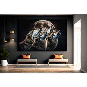 Kurt Temalı Soyut Kanvas, Ay’a Uluyan 4 Kurt – Büyük Boy Trend Kanvas 150x250 cm