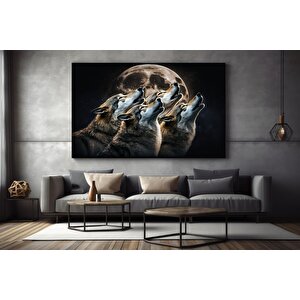 Kurt Temalı Soyut Kanvas, Ay’a Uluyan 4 Kurt – Büyük Boy Trend Kanvas