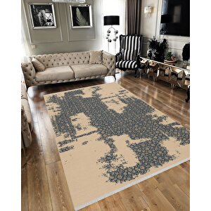 Pamuk Dokuma Taban Halı – Lacivert; Bej – Eskitilmiş Görünümlü Oriental Desen, Makinede Yıkanabilir, Kolay Temizlenebilir, Toz Ve Tüy Tutmaz, Kaymaz, Evcil Hayvan Dostu 100x180 cm