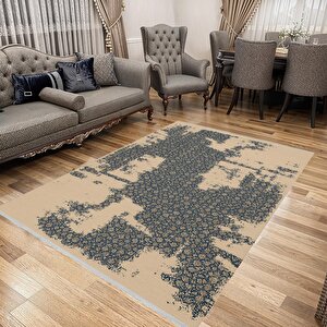 Pamuk Dokuma Taban Halı – Lacivert; Bej – Eskitilmiş Görünümlü Oriental Desen, Makinede Yıkanabilir, Kolay Temizlenebilir, Toz Ve Tüy Tutmaz, Kaymaz, Evcil Hayvan Dostu 100x180 cm