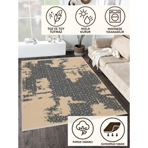 Pamuk Dokuma Taban Halı – Lacivert; Bej – Eskitilmiş Görünümlü Oriental Desen, Makinede Yıkanabilir, Kolay Temizlenebilir, Toz Ve Tüy Tutmaz, Kaymaz, Evcil Hayvan Dostu