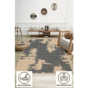 Pamuk Dokuma Taban Halı – Lacivert; Bej – Eskitilmiş Görünümlü Oriental Desen, Makinede Yıkanabilir, Kolay Temizlenebilir, Toz Ve Tüy Tutmaz, Kaymaz, Evcil Hayvan Dostu