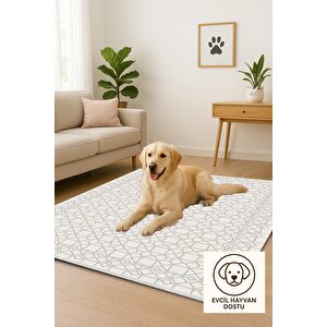 Pamuk Dokuma Taban Halı – Gri; Krem – Geometrik Desen, Makinede Yıkanabilir, Kolay Temizlenebilir, Toz Ve Tüy Tutmaz, Kaymaz, Evcil Hayvan Dostu 200x350 cm