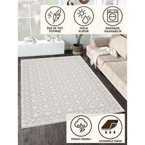 Pamuk Dokuma Taban Halı – Gri; Krem – Geometrik Desen, Makinede Yıkanabilir, Kolay Temizlenebilir, Toz Ve Tüy Tutmaz, Kaymaz, Evcil Hayvan Dostu