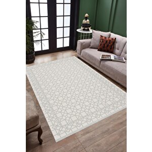 Pamuk Dokuma Taban Halı – Gri; Krem – Geometrik Desen, Makinede Yıkanabilir, Kolay Temizlenebilir, Toz Ve Tüy Tutmaz, Kaymaz, Evcil Hayvan Dostu 150x240 cm