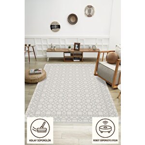 Pamuk Dokuma Taban Halı – Gri; Krem – Geometrik Desen, Makinede Yıkanabilir, Kolay Temizlenebilir, Toz Ve Tüy Tutmaz, Kaymaz, Evcil Hayvan Dostu