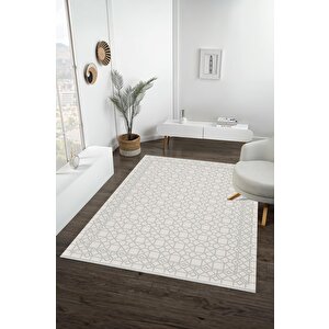 Pamuk Dokuma Taban Halı – Gri; Krem – Geometrik Desen, Makinede Yıkanabilir, Kolay Temizlenebilir, Toz Ve Tüy Tutmaz, Kaymaz, Evcil Hayvan Dostu