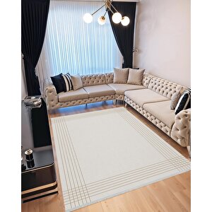 Pamuk Dokuma Taban Halı – Bej; Krem – Çizgili Geometrik Desen, Makinede Yıkanabilir, Kolay Temizlenebilir, Toz Ve Tüy Tutmaz, Kaymaz, Evcil Hayvan Dostu 80x80 cm