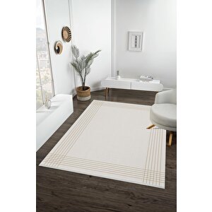 Pamuk Dokuma Taban Halı – Bej; Krem – Çizgili Geometrik Desen, Makinede Yıkanabilir, Kolay Temizlenebilir, Toz Ve Tüy Tutmaz, Kaymaz, Evcil Hayvan Dostu