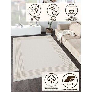 Pamuk Dokuma Taban Halı – Bej; Krem – Çizgili Geometrik Desen, Makinede Yıkanabilir, Kolay Temizlenebilir, Toz Ve Tüy Tutmaz, Kaymaz, Evcil Hayvan Dostu