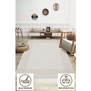 Pamuk Dokuma Taban Halı – Bej; Krem – Çizgili Geometrik Desen, Makinede Yıkanabilir, Kolay Temizlenebilir, Toz Ve Tüy Tutmaz, Kaymaz, Evcil Hayvan Dostu