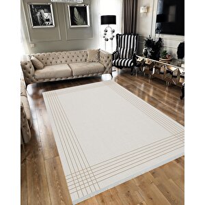 Pamuk Dokuma Taban Halı – Bej; Krem – Çizgili Geometrik Desen, Makinede Yıkanabilir, Kolay Temizlenebilir, Toz Ve Tüy Tutmaz, Kaymaz, Evcil Hayvan Dostu 160x230 cm