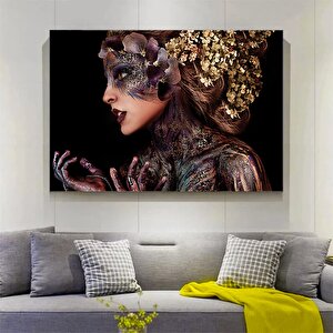 Siyah Kanvas Üzerinde Afrika Kadın; Etnik Kadın Kanvas Resim; Altın Detaylı Kadın Baskı; Modern Ev D 150x290 cm