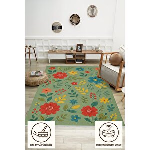Pamuk Dokuma Taban Halı – Yeşil; Kırmızı; Sarı; Mavi – Çiçekli Desen, Makinede Yıkanabilir, Kolay Temizlenebilir, Toz Ve Tüy Tutmaz, Kaymaz, Evcil Hayvan Dostu