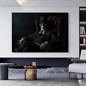 İskelet Takım Elbiseli Ve Şapkalı Kanvas Tablo – İskelet Baskılı Duvar Sanatı 60x90 cm