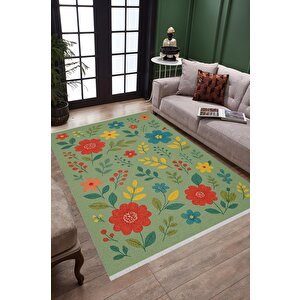 Pamuk Dokuma Taban Halı – Yeşil; Kırmızı; Sarı; Mavi – Çiçekli Desen, Makinede Yıkanabilir, Kolay Temizlenebilir, Toz Ve Tüy Tutmaz, Kaymaz, Evcil Hayvan Dostu 160x230 cm
