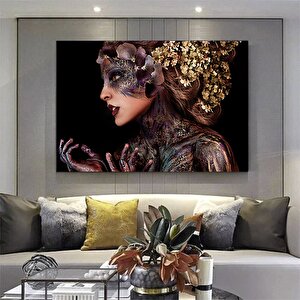 Siyah Kanvas Üzerinde Afrika Kadın; Etnik Kadın Kanvas Resim; Altın Detaylı Kadın Baskı; Modern Ev D 60x120 cm