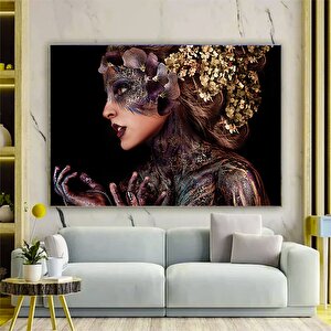 Siyah Kanvas Üzerinde Afrika Kadın; Etnik Kadın Kanvas Resim; Altın Detaylı Kadın Baskı; Modern Ev D 60x120 cm