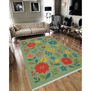 Pamuk Dokuma Taban Halı – Yeşil; Kırmızı; Sarı; Mavi – Çiçekli Desen, Makinede Yıkanabilir, Kolay Temizlenebilir, Toz Ve Tüy Tutmaz, Kaymaz, Evcil Hayvan Dostu 80x150 cm