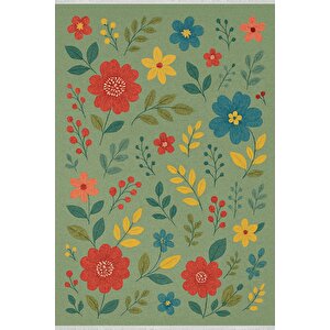 Pamuk Dokuma Taban Halı – Yeşil; Kırmızı; Sarı; Mavi – Çiçekli Desen, Makinede Yıkanabilir, Kolay Temizlenebilir, Toz Ve Tüy Tutmaz, Kaymaz, Evcil Hayvan Dostu 80x150 cm