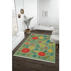 Pamuk Dokuma Taban Halı – Yeşil; Kırmızı; Sarı; Mavi – Çiçekli Desen, Makinede Yıkanabilir, Kolay Temizlenebilir, Toz Ve Tüy Tutmaz, Kaymaz, Evcil Hayvan Dostu