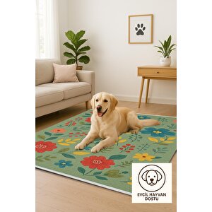 Pamuk Dokuma Taban Halı – Yeşil; Kırmızı; Sarı; Mavi – Çiçekli Desen, Makinede Yıkanabilir, Kolay Temizlenebilir, Toz Ve Tüy Tutmaz, Kaymaz, Evcil Hayvan Dostu