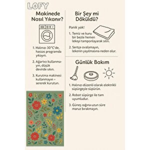 Pamuk Dokuma Taban Halı – Yeşil; Kırmızı; Sarı; Mavi – Çiçekli Desen, Makinede Yıkanabilir, Kolay Temizlenebilir, Toz Ve Tüy Tutmaz, Kaymaz, Evcil Hayvan Dostu