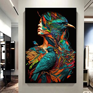 Kuş Ve Kadın Kanvası, Duvar Sanatı Kanvas Tasarımı, Kadın Ve Papağan Kanvas Tablosu