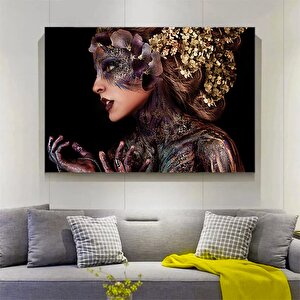 Siyah Kanvas Üzerinde Afrika Kadın; Etnik Kadın Kanvas Resim; Altın Detaylı Kadın Baskı; Modern Ev D 60x90 cm