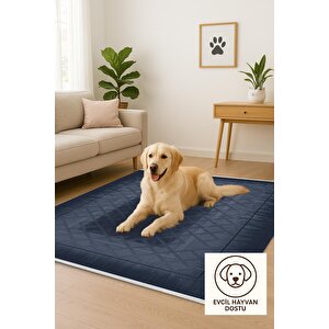 Yıkanabilir Salon Halısı – Lacivert – Geometric Desen, Makinede Yıkanabilir, Kolay Temizlenebilir, Toz Ve Tüy Tutmaz, Kaymaz, Evcil Hayvan Dostu