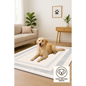 Pamuk Dokuma Taban Halı – Gri; Krem – Geometrik Desen, Makinede Yıkanabilir, Kolay Temizlenebilir, Toz Ve Tüy Tutmaz, Kaymaz, Evcil Hayvan Dostu