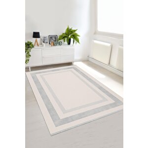 Pamuk Dokuma Taban Halı – Gri; Krem – Geometrik Desen, Makinede Yıkanabilir, Kolay Temizlenebilir, Toz Ve Tüy Tutmaz, Kaymaz, Evcil Hayvan Dostu