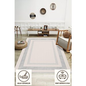 Pamuk Dokuma Taban Halı – Gri; Krem – Geometrik Desen, Makinede Yıkanabilir, Kolay Temizlenebilir, Toz Ve Tüy Tutmaz, Kaymaz, Evcil Hayvan Dostu