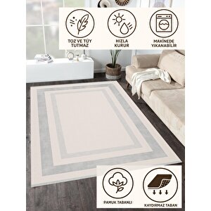 Pamuk Dokuma Taban Halı – Gri; Krem – Geometrik Desen, Makinede Yıkanabilir, Kolay Temizlenebilir, Toz Ve Tüy Tutmaz, Kaymaz, Evcil Hayvan Dostu 160x230 cm