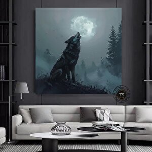 Kurt Kanvas Duvar Sanatı Baskısı, Hayvan Kanvası, Ay Ve Bulutlu Kurt Kanvas Duvar Dekoru, Ev Dekoru 70x70 cm
