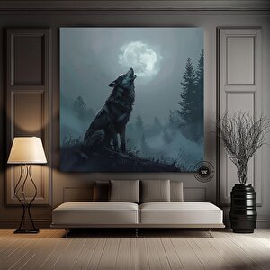 Kurt Kanvas Duvar Sanatı Baskısı, Hayvan Kanvası, Ay Ve Bulutlu Kurt Kanvas Duvar Dekoru, Ev Dekoru 80x80 cm