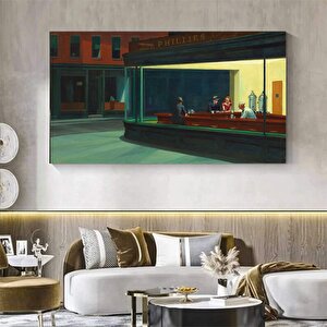 Edward Hopper Gece Kuşları Modern Duvar Sanatı, Reprodüksiyon Kanvas, Trend Tablo 30x60 cm