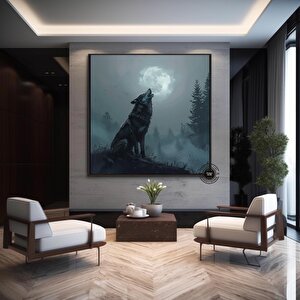Kurt Kanvas Duvar Sanatı Baskısı, Hayvan Kanvası, Ay Ve Bulutlu Kurt Kanvas Duvar Dekoru, Ev Dekoru 120x120 cm