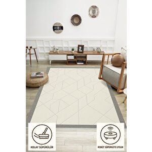 Pamuk Dokuma Taban Halı – Krem; Gri – Geometrik Desen, Makinede Yıkanabilir, Kolay Temizlenebilir, Toz Ve Tüy Tutmaz, Kaymaz, Evcil Hayvan Dostu