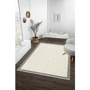 Pamuk Dokuma Taban Halı – Krem; Gri – Geometrik Desen, Makinede Yıkanabilir, Kolay Temizlenebilir, Toz Ve Tüy Tutmaz, Kaymaz, Evcil Hayvan Dostu