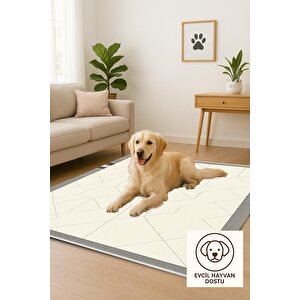 Pamuk Dokuma Taban Halı – Krem; Gri – Geometrik Desen, Makinede Yıkanabilir, Kolay Temizlenebilir, Toz Ve Tüy Tutmaz, Kaymaz, Evcil Hayvan Dostu