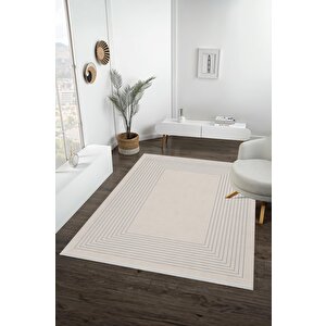 Pamuk Dokuma Taban Halı – Gri; Krem – Geometrik Desen, Makinede Yıkanabilir, Kolay Temizlenebilir, Toz Ve Tüy Tutmaz, Kaymaz, Evcil Hayvan Dostu