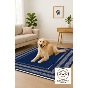 Pamuk Dokuma Taban Halı – Lacivert; Krem – Oriental Desen, Makinede Yıkanabilir, Kolay Temizlenebilir, Toz Ve Tüy Tutmaz, Kaymaz, Evcil Hayvan Dostu 160x230 cm